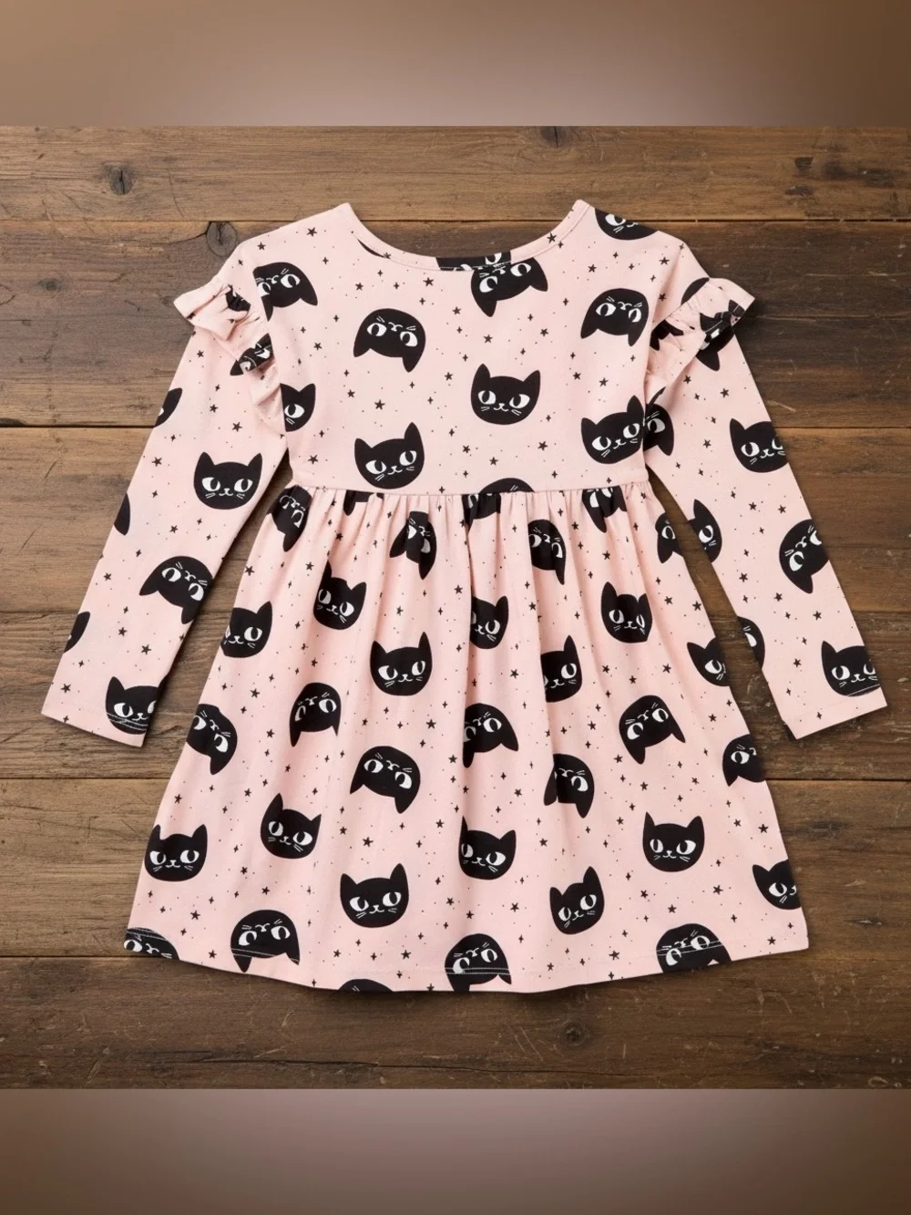 Cat & Jack Black Cat Print Fit & Flare Knee Length Ruffle Long Sleeve Dress 5T